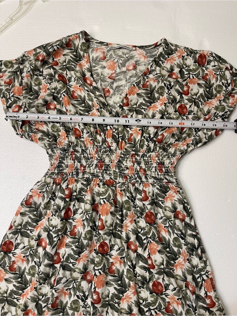 Abercrombie & Fitch Cream Mini Dress with Green Leaves & Peach Flowers - Picture 6 of 7